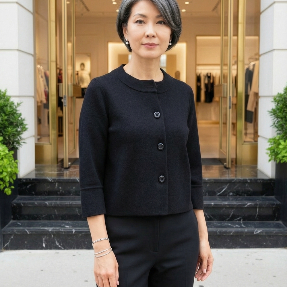 Black Retro 3/4 Sleeve Women's Sweater/Blazer Officecore Preppy Button Up Crop